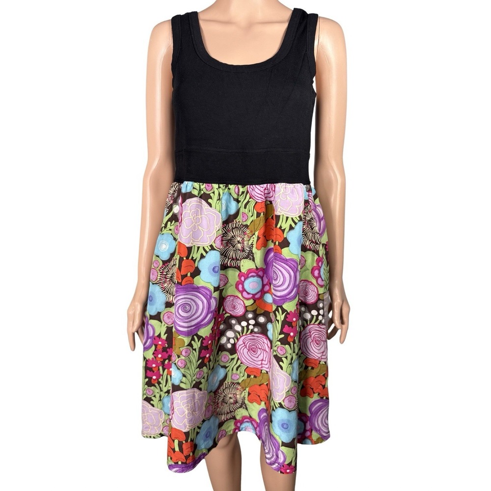 Fei Anthropologie Womens Black Floral Silk Mixed Media Pocket Dress Size M